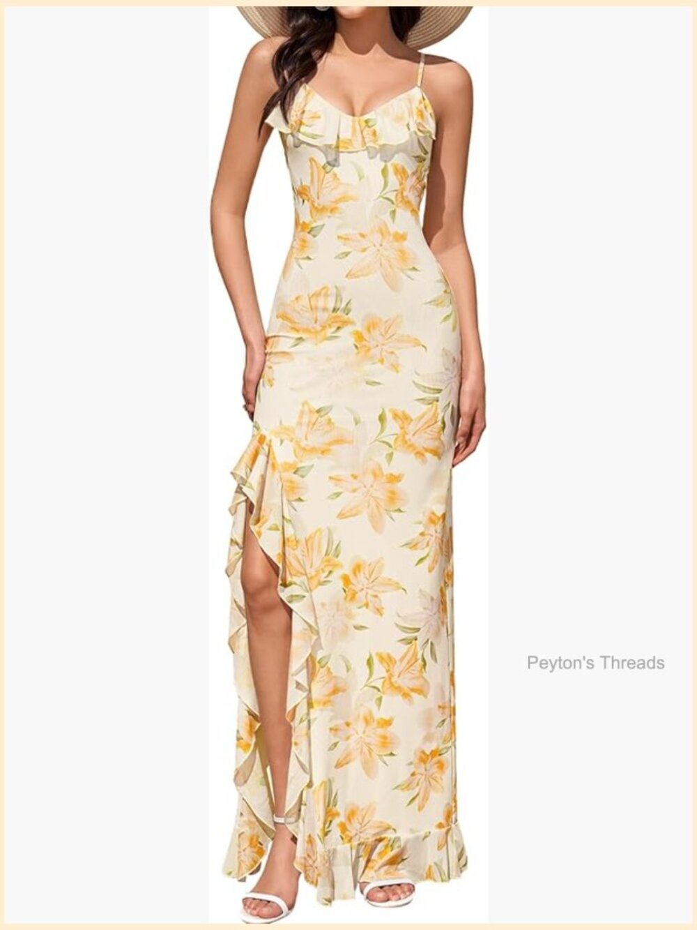 Sexy V Neck Floral Ruffle Slit Maxi Dress Summer Flowy Beach Vacation Long Dress